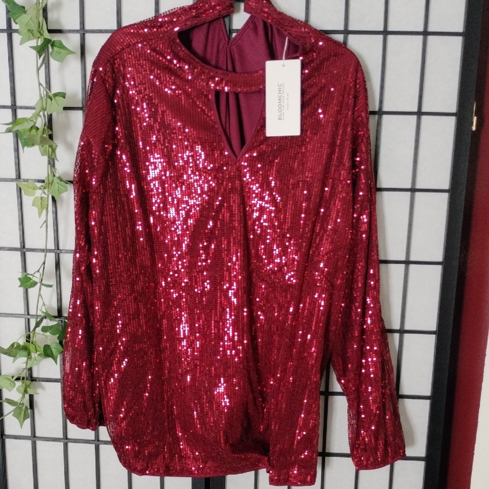 Red Sequin Long-Sleeve Women's Top